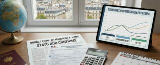Bureau d'expatrié avec documents fiscaux français pour janvier 2026. Une feuille affiche "BUDGET 2026 : IFI MAINTENU À 1,3M€ - STATU QUO CONFIRMÉ" à côté d'un formulaire de "DÉCLARATION IFI 2026" et d'une calculatrice. Une tablette présente des "STRATÉGIES D'OPTIMISATION EXPATRIÉS" (SCI, démembrement, dettes) sous forme de graphique. Un passeport et un globe terrestre sont également visibles, avec une vue sur Paris en arrière-plan.