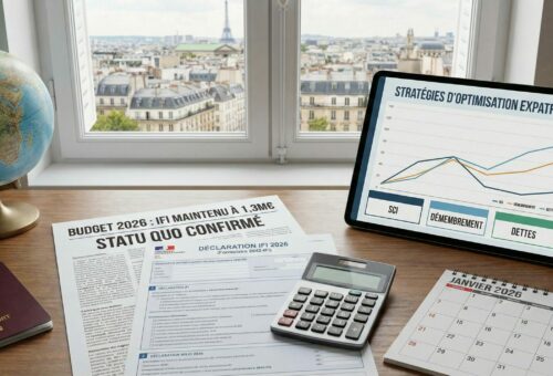Bureau d'expatrié avec documents fiscaux français pour janvier 2026. Une feuille affiche "BUDGET 2026 : IFI MAINTENU À 1,3M€ - STATU QUO CONFIRMÉ" à côté d'un formulaire de "DÉCLARATION IFI 2026" et d'une calculatrice. Une tablette présente des "STRATÉGIES D'OPTIMISATION EXPATRIÉS" (SCI, démembrement, dettes) sous forme de graphique. Un passeport et un globe terrestre sont également visibles, avec une vue sur Paris en arrière-plan.
