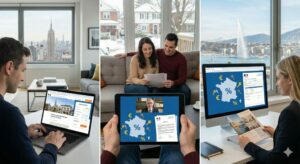 Expatriés à New York, Toronto et Genève préparant un investissement immobilier en France : simulation de crédit et visioconférence à distance