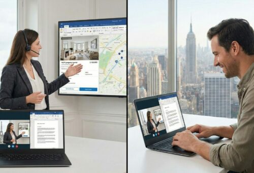 Visioconférence entre un Chasseur Immobilier Expatriés basé à Paris et un investisseur situé aux États-Unis