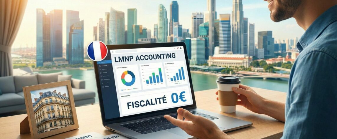 Comptabilité LMNP, Un investisseur expatrié sourit devant son ordinateur portable affichant "LMNP ACCOUNTING" et "FISCALITÉ 0€", avec en arrière-plan une vue sur une métropole asiatique et sur son bureau une photo d'un immeuble parisien et des documents sur l'amortissement et la déclaration EDI, illustrant la gestion fiscale avantageuse d'un bien locatif français depuis l'étranger.