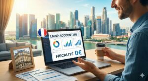 Comptabilité LMNP, Un investisseur expatrié sourit devant son ordinateur portable affichant "LMNP ACCOUNTING" et "FISCALITÉ 0€", avec en arrière-plan une vue sur une métropole asiatique et sur son bureau une photo d'un immeuble parisien et des documents sur l'amortissement et la déclaration EDI, illustrant la gestion fiscale avantageuse d'un bien locatif français depuis l'étranger.