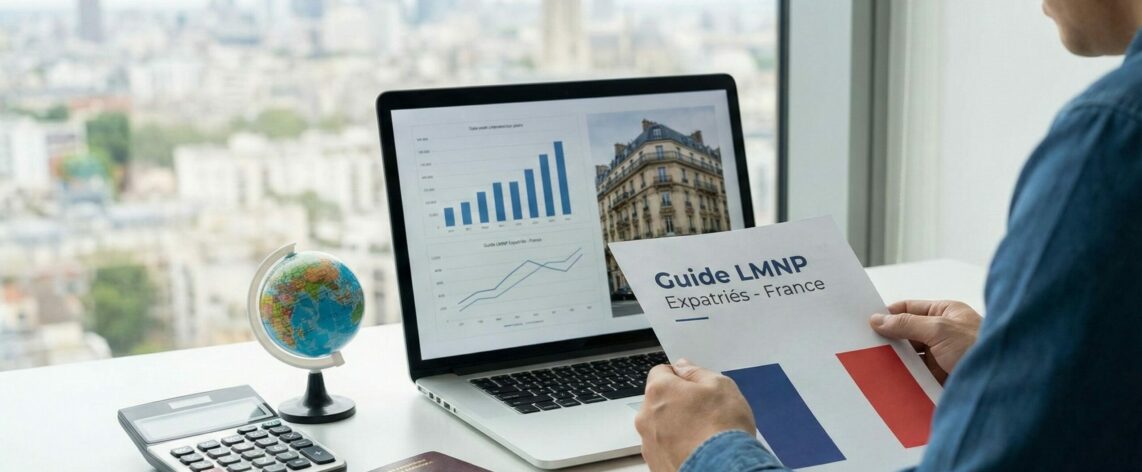 Expatrié gérant sa comptabilité LMNP et ses déclarations fiscales françaises à distance sur un ordinateur portable. LMNP non-résident