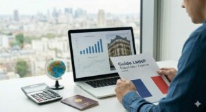 Expatrié gérant sa comptabilité LMNP et ses déclarations fiscales françaises à distance sur un ordinateur portable. LMNP non-résident