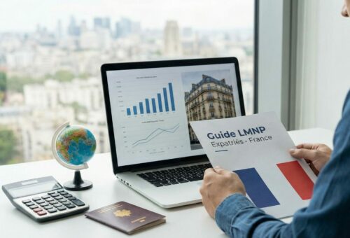 Expatrié gérant sa comptabilité LMNP et ses déclarations fiscales françaises à distance sur un ordinateur portable. LMNP non-résident